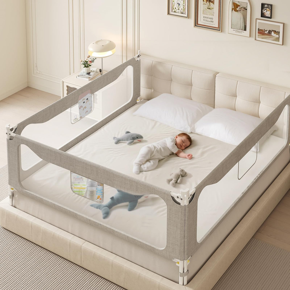 Colorfarm king-size bed rail assembly shows sturdy construction for safe sleep.