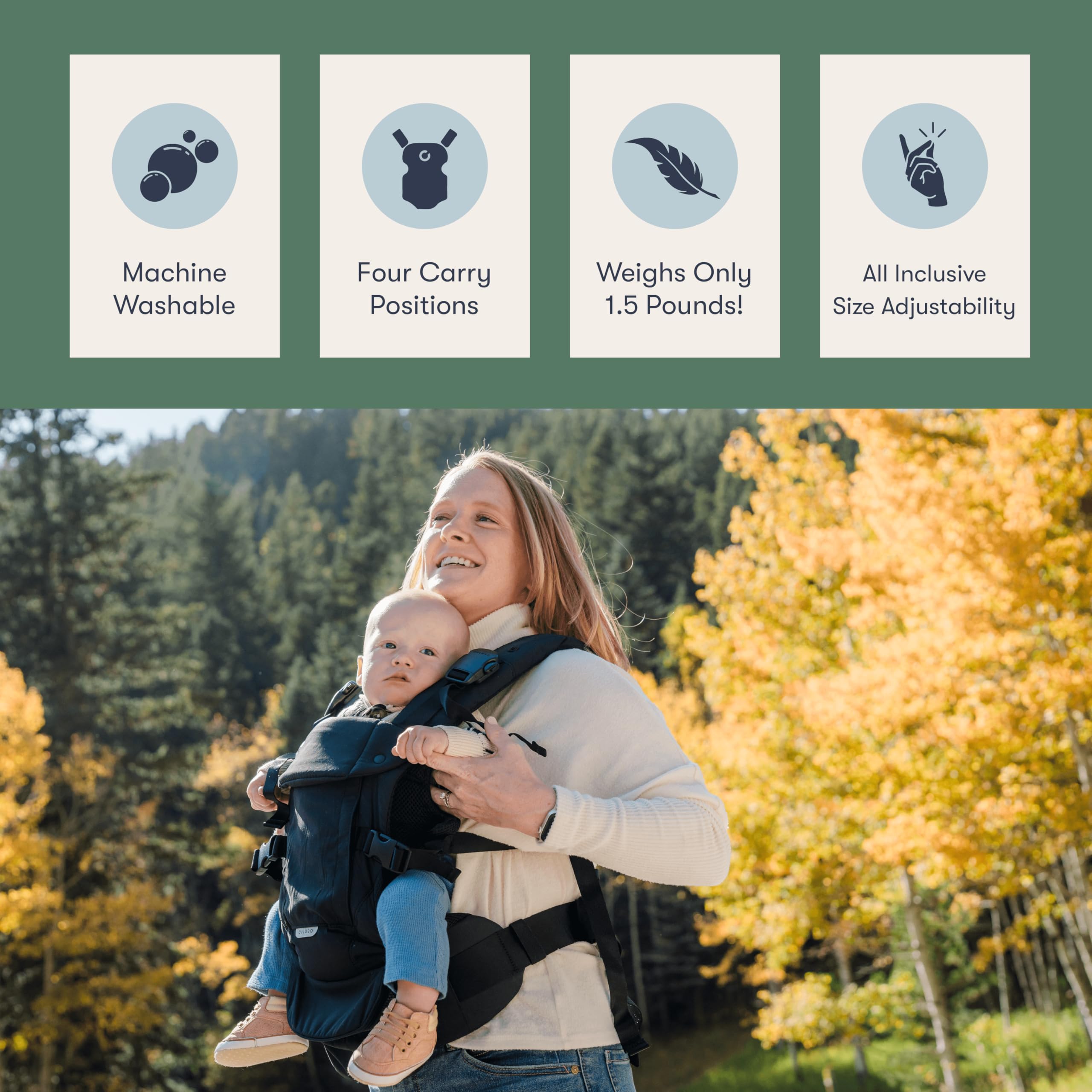 Colugo olive carrier with UPF sunshade protecting baby outdoors.
