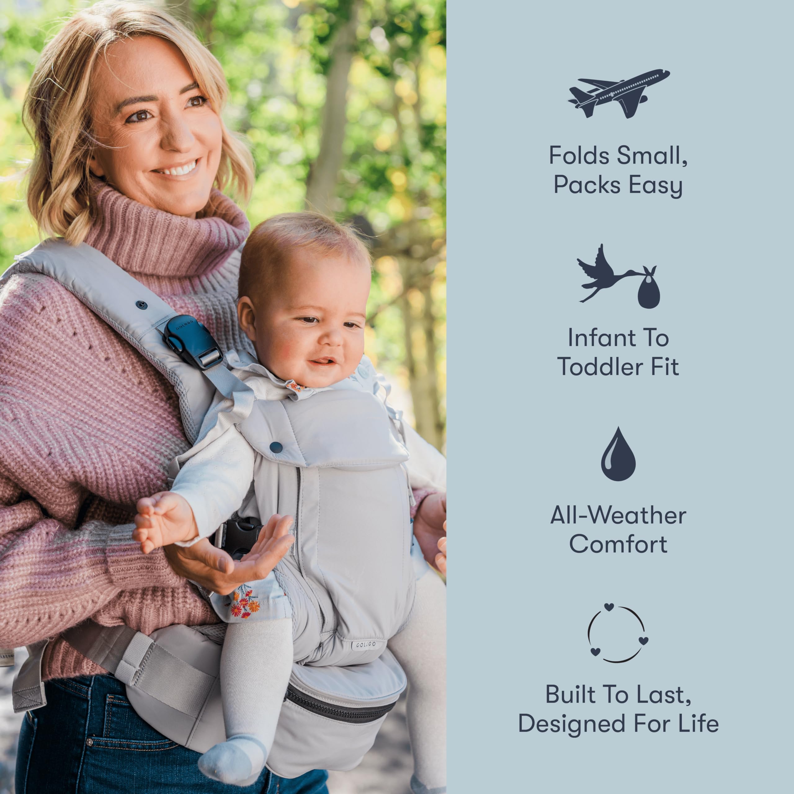 Colugo baby carrier in outward carry for baby facing outward during exploration.