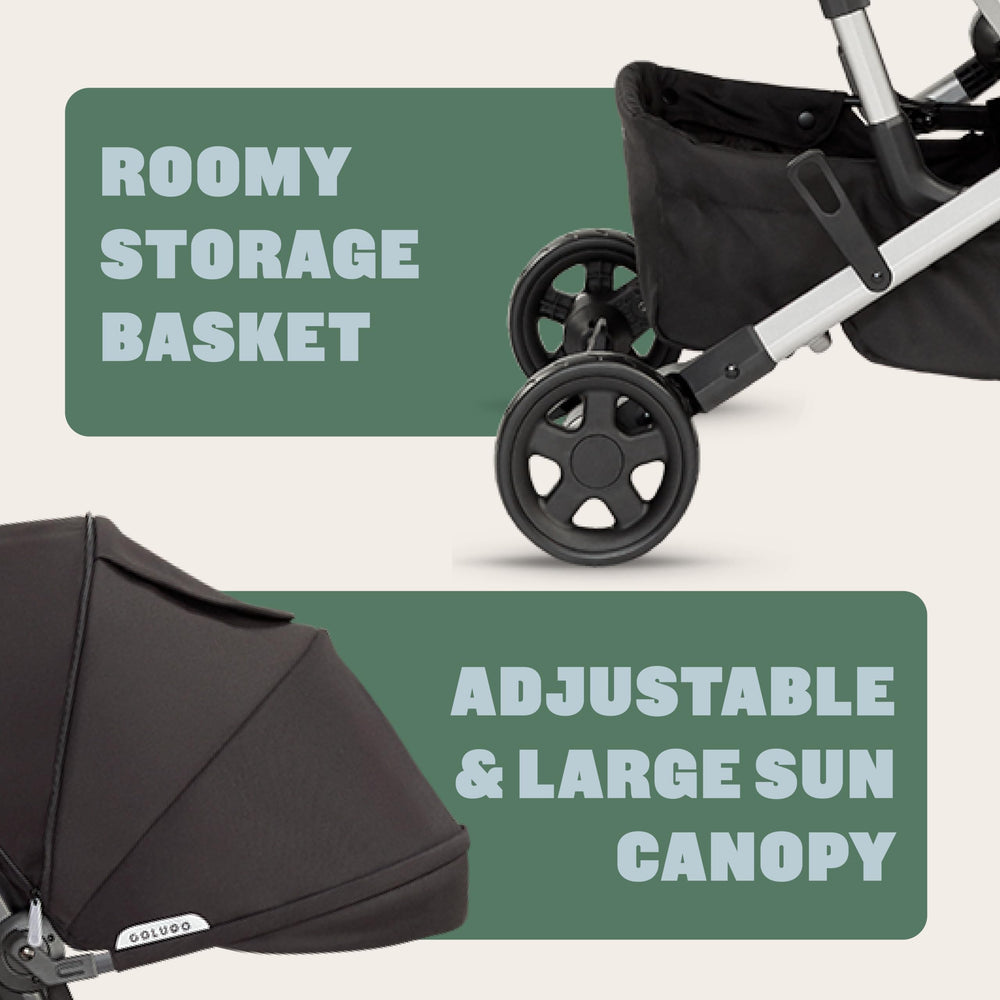 Colugo Olive includes rain cover, backpack, and cup holder.