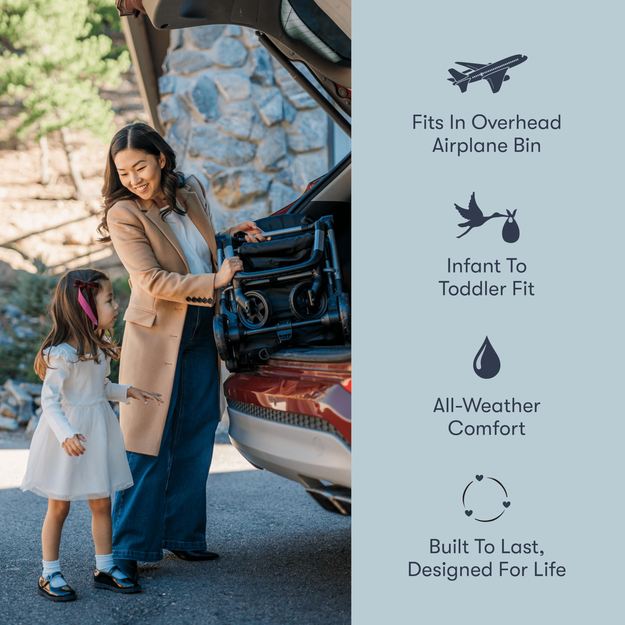 Colugo Olive stroller shows lightweight maneuverability through crowded streets.