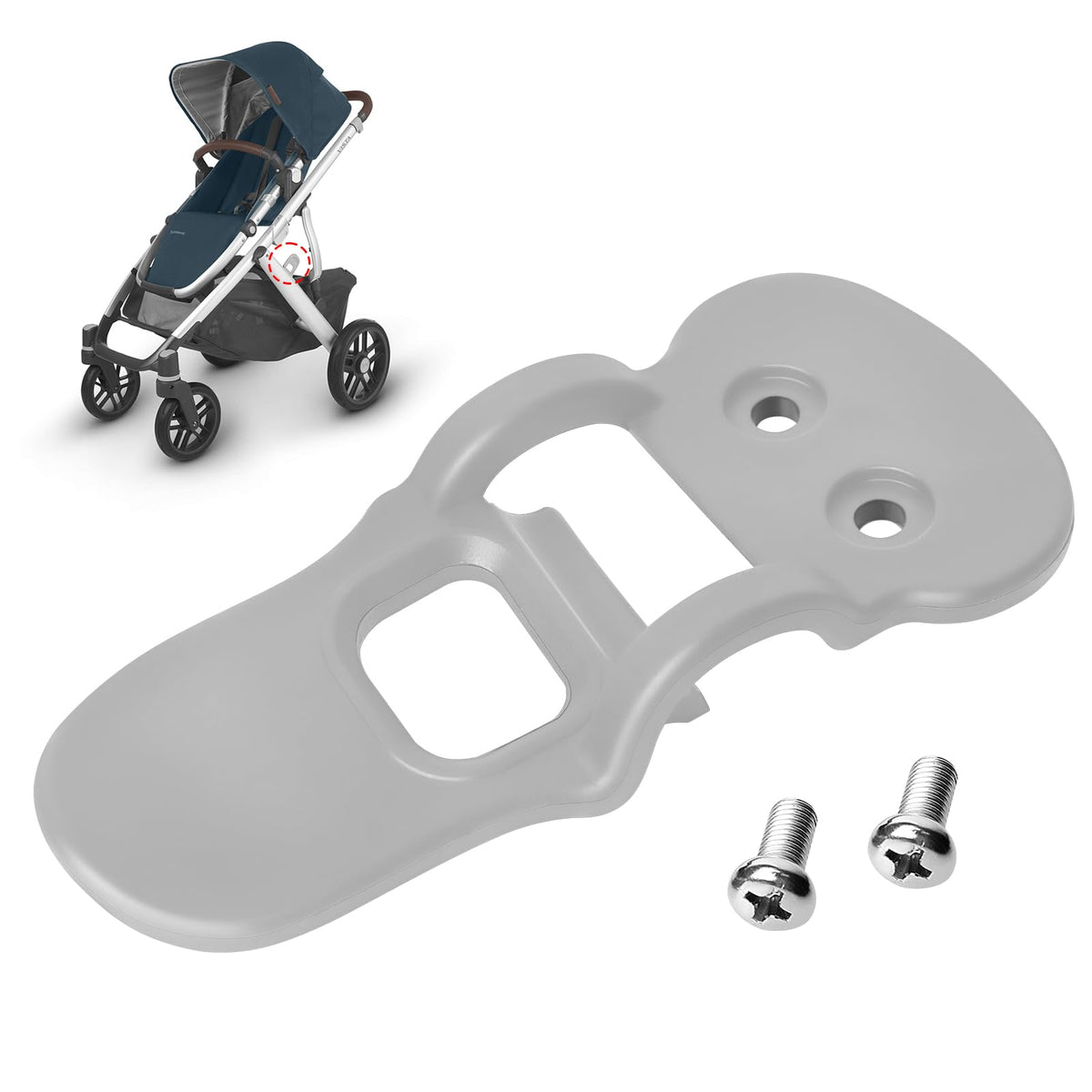 Com MUMU replacement latch closeup on Uppababy Vista in gray for secure closure.