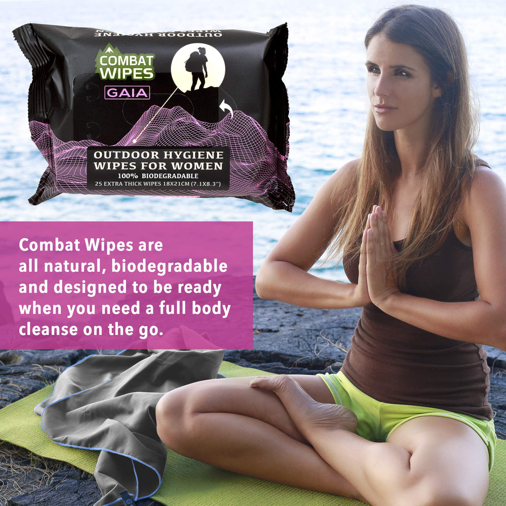 Gaia wipe being used on face and body during outdoor activity.
