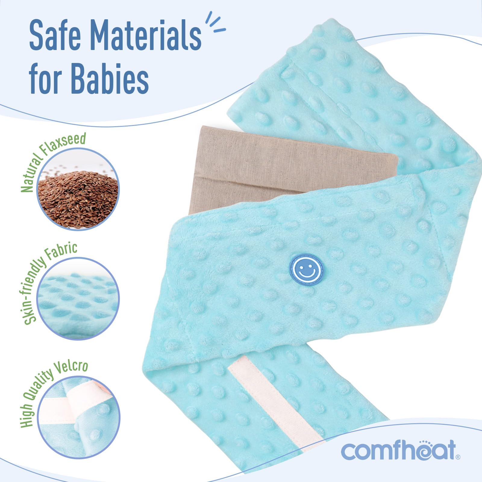 Comfheat adjustable velcro baby wrap secures snug tummy support for growing children.