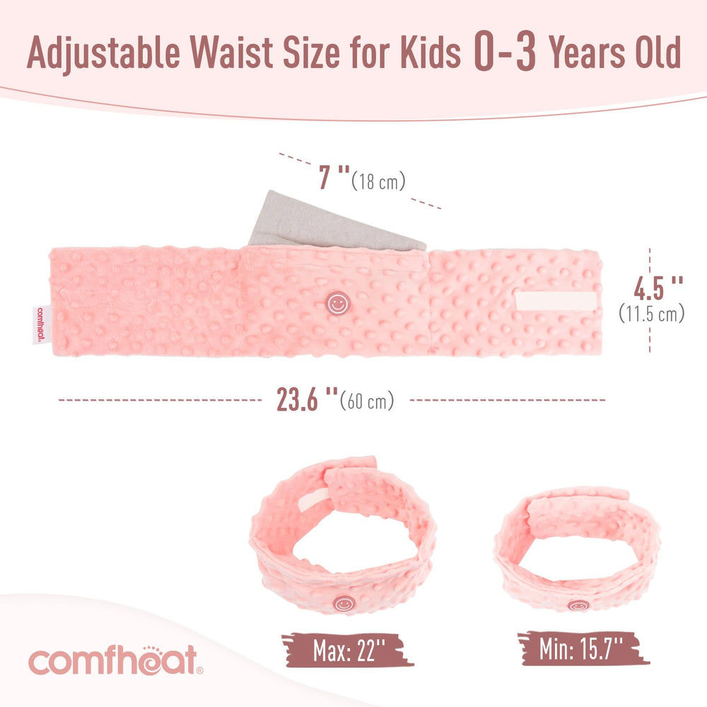 Baby wearing tummy wrap in pink demonstrates gentle tummy warmth and support.