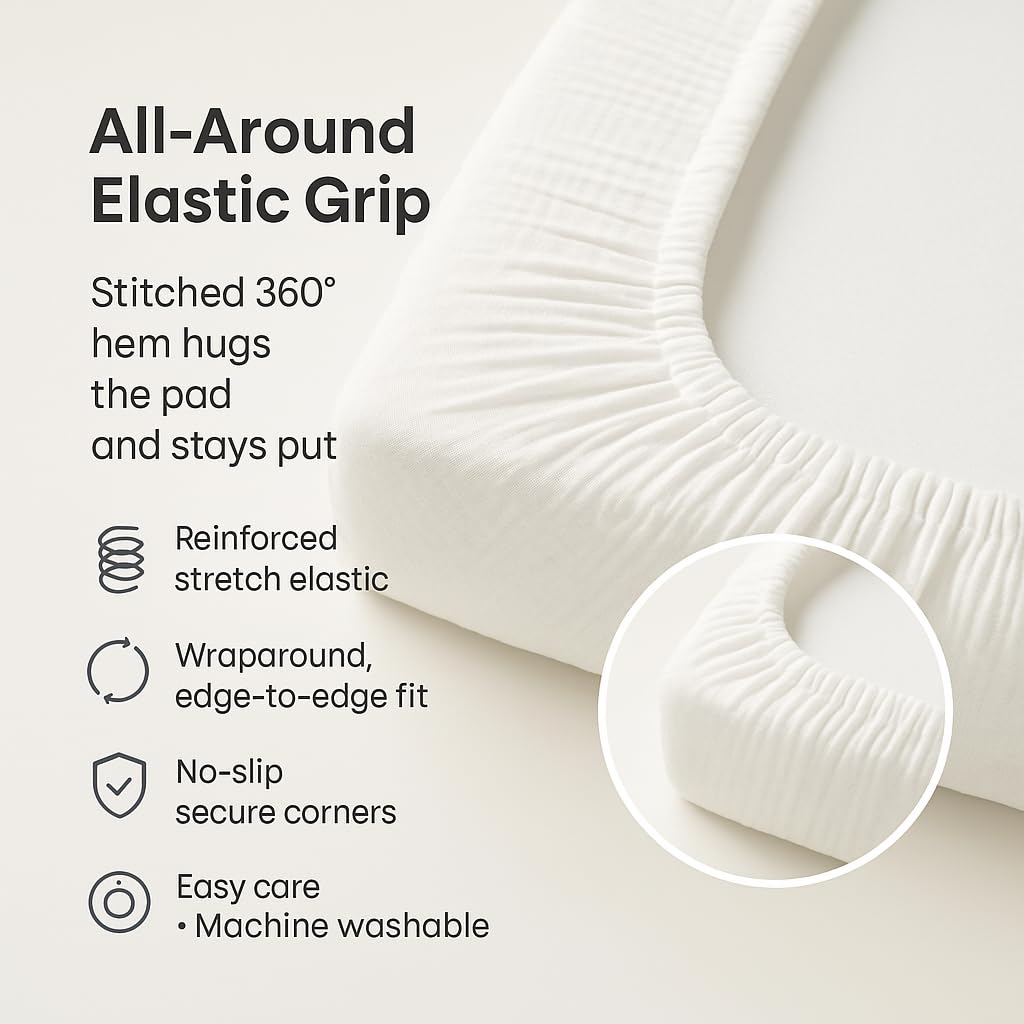 Comforista Muslin cover on changing station shown for daily use and mess containment.