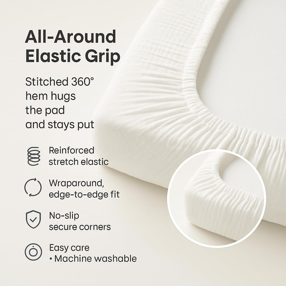Comforista Muslin cover on changing station shown for daily use and mess containment.