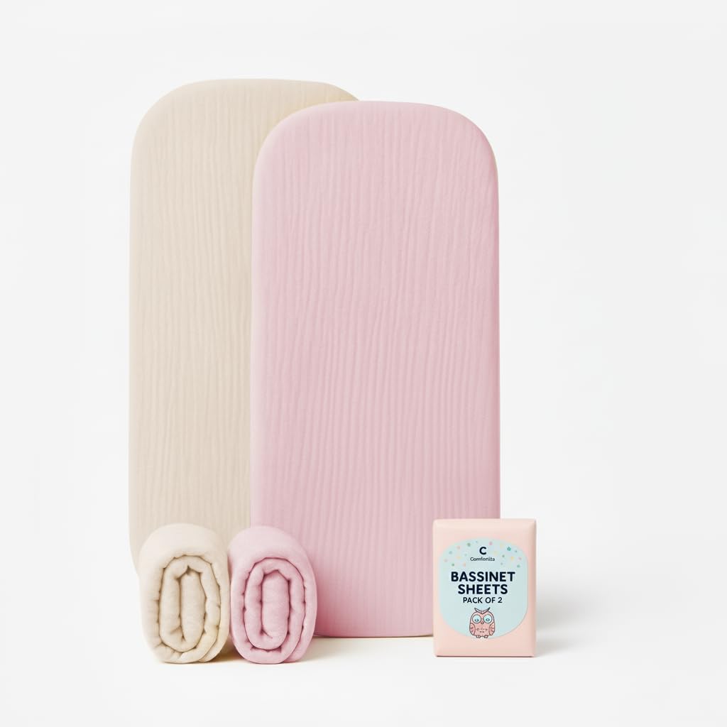 Comforista muslin bassinet sheets 33x17 pink beige front view with snug fit.