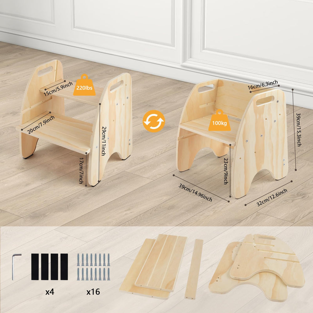Convertible chair mode with backrest for growing toddlers on the Comfoyar stool.
