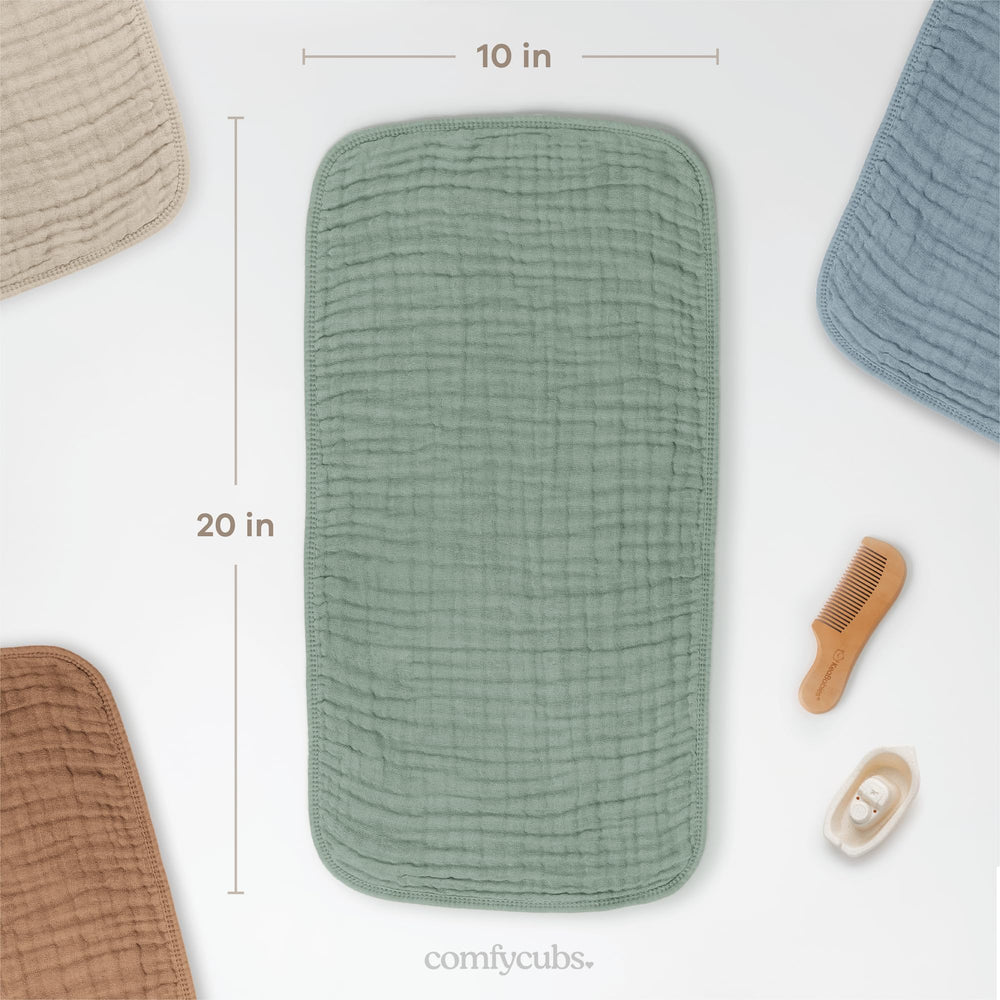 Comfy Cubs burp cloths measure 20 by 10 inches, offering full coverage.