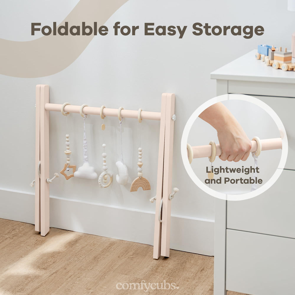 Adjustable and replaceable toys keep playtime fresh as babies grow.