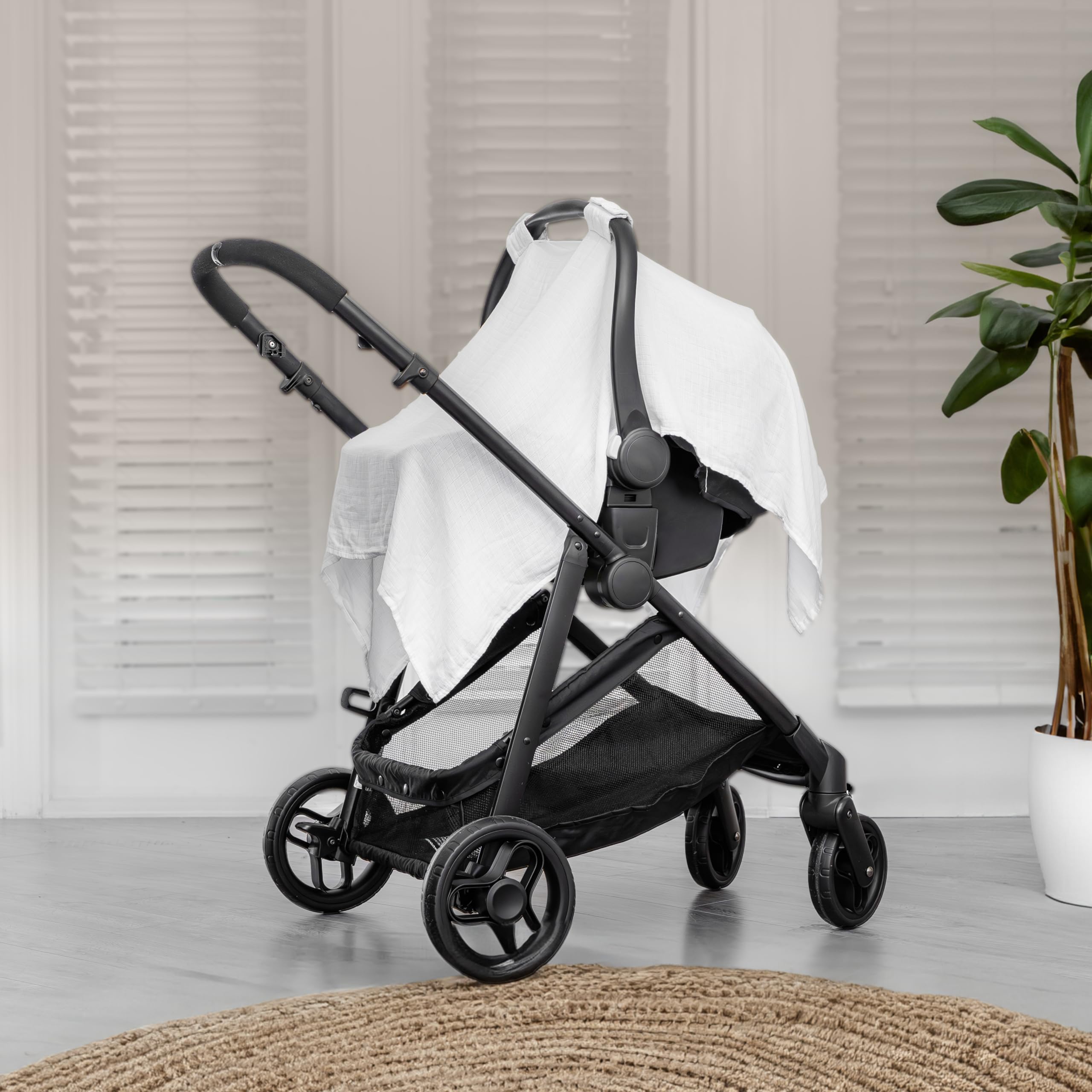 Comfy Cubs car seat cover full canopy demonstrates sun and bug protection.