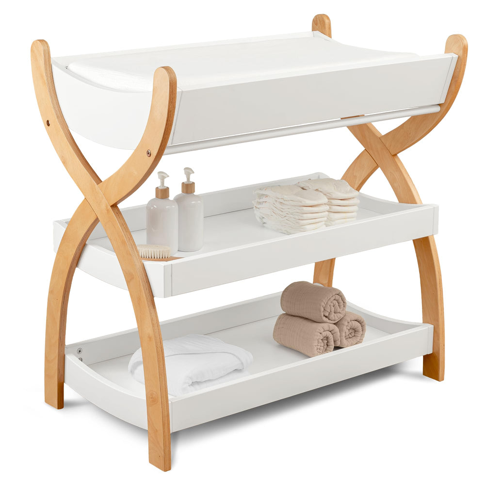 Comfy Cubs changing table shows sturdy wood construction for durable diaper changes.
