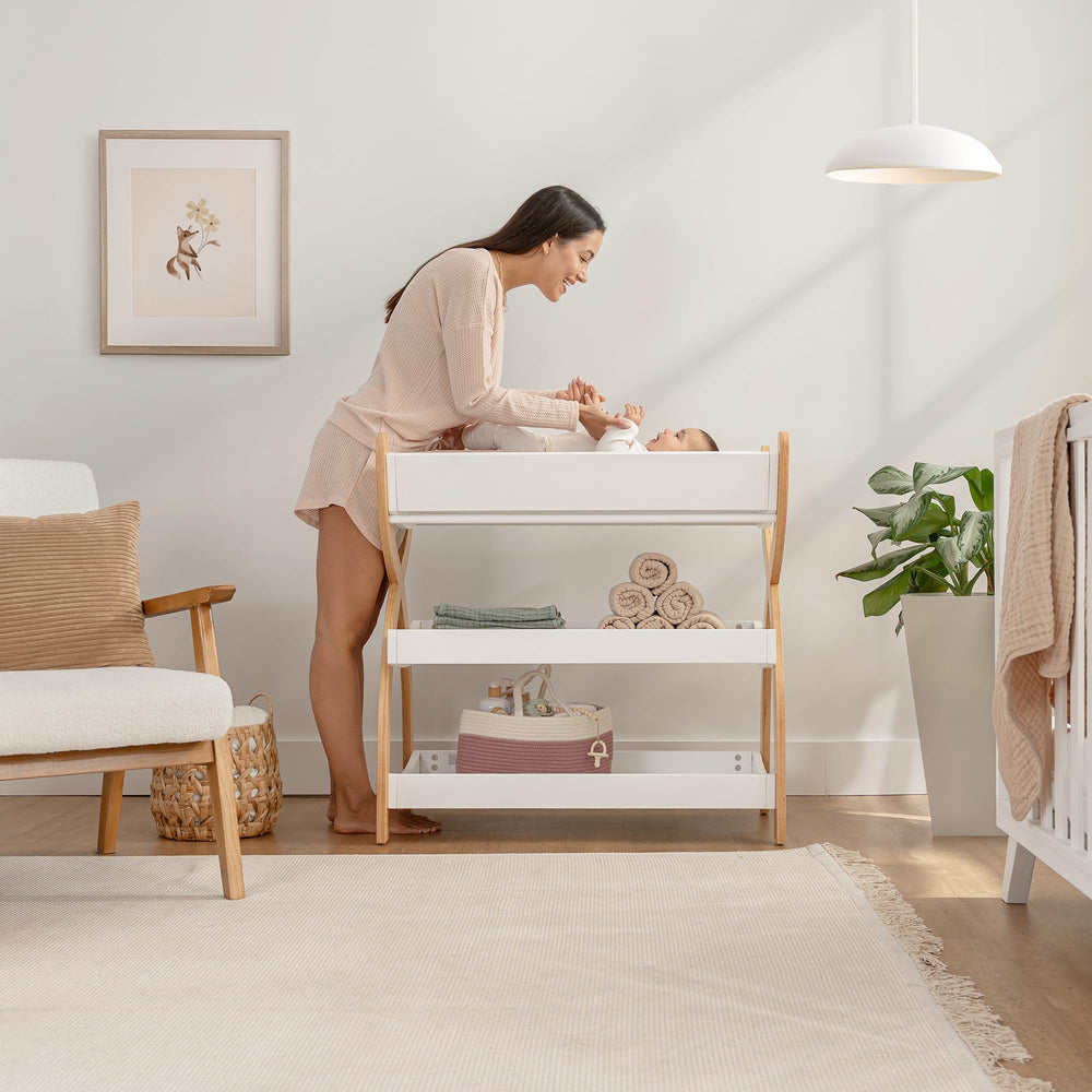 Comfy Cubs unit featuring two open shelves for nappies and wipes within reach.