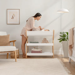 Comfy Cubs unit featuring two open shelves for nappies and wipes within reach.