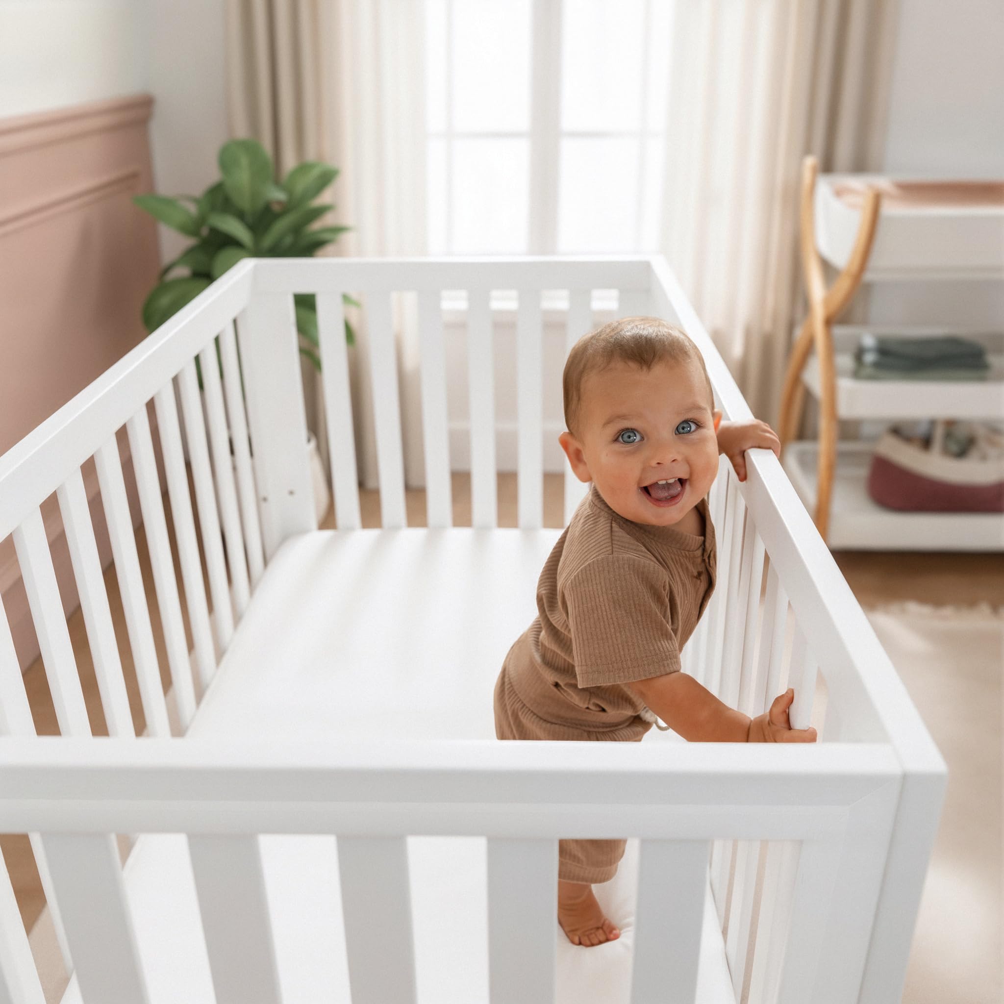 All White Comfy Cubs crib in a modern nursery