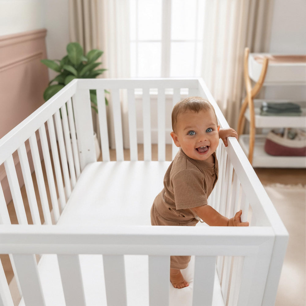 All White Comfy Cubs crib in a modern nursery