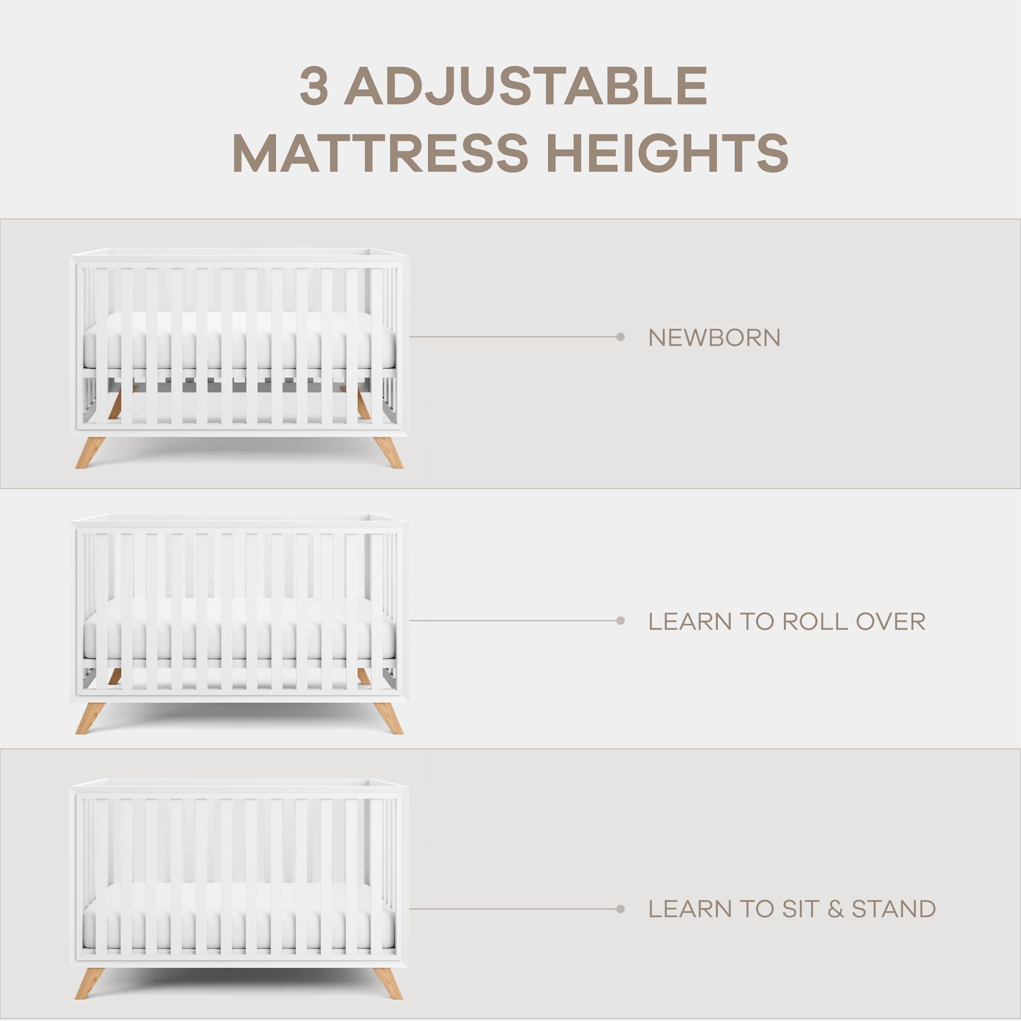 Comfy Cubs crib in white bars with natural wood legs complements decor.