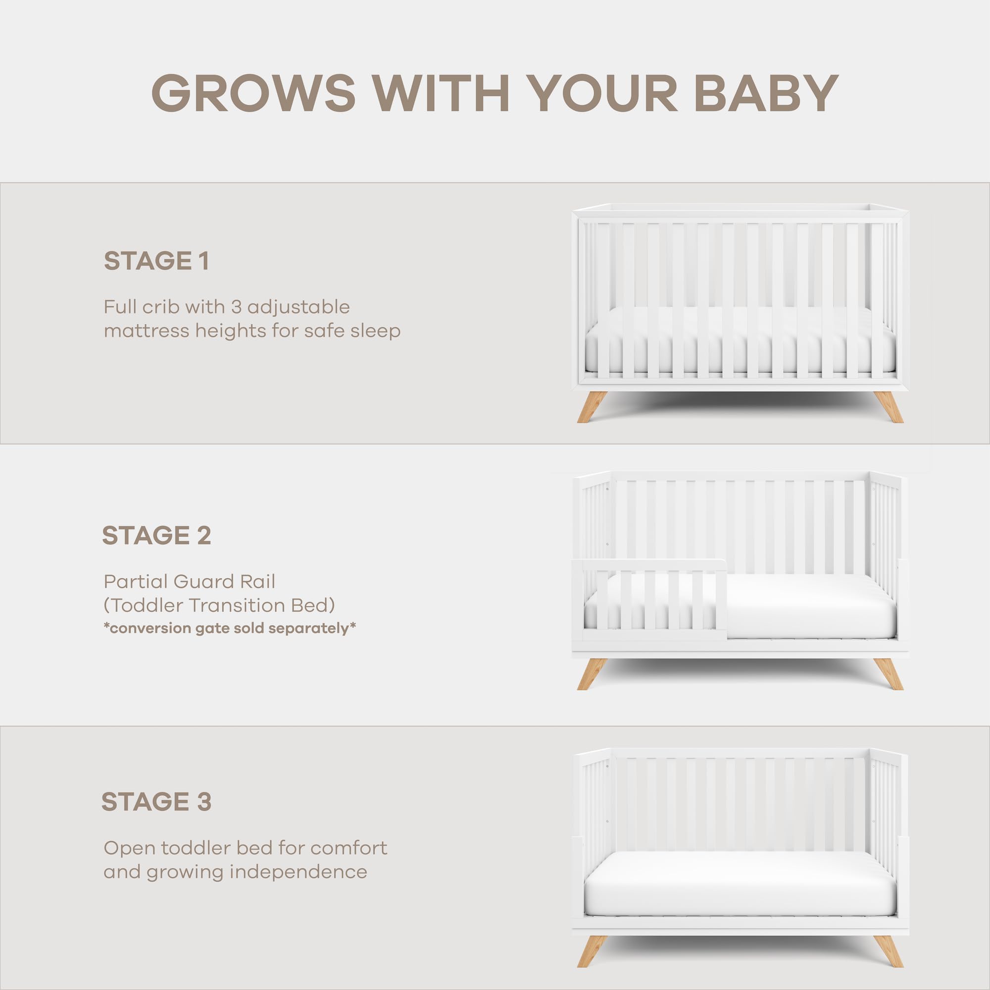 Comfy Cubs crib highlights generous dimensions for versatile layouts.