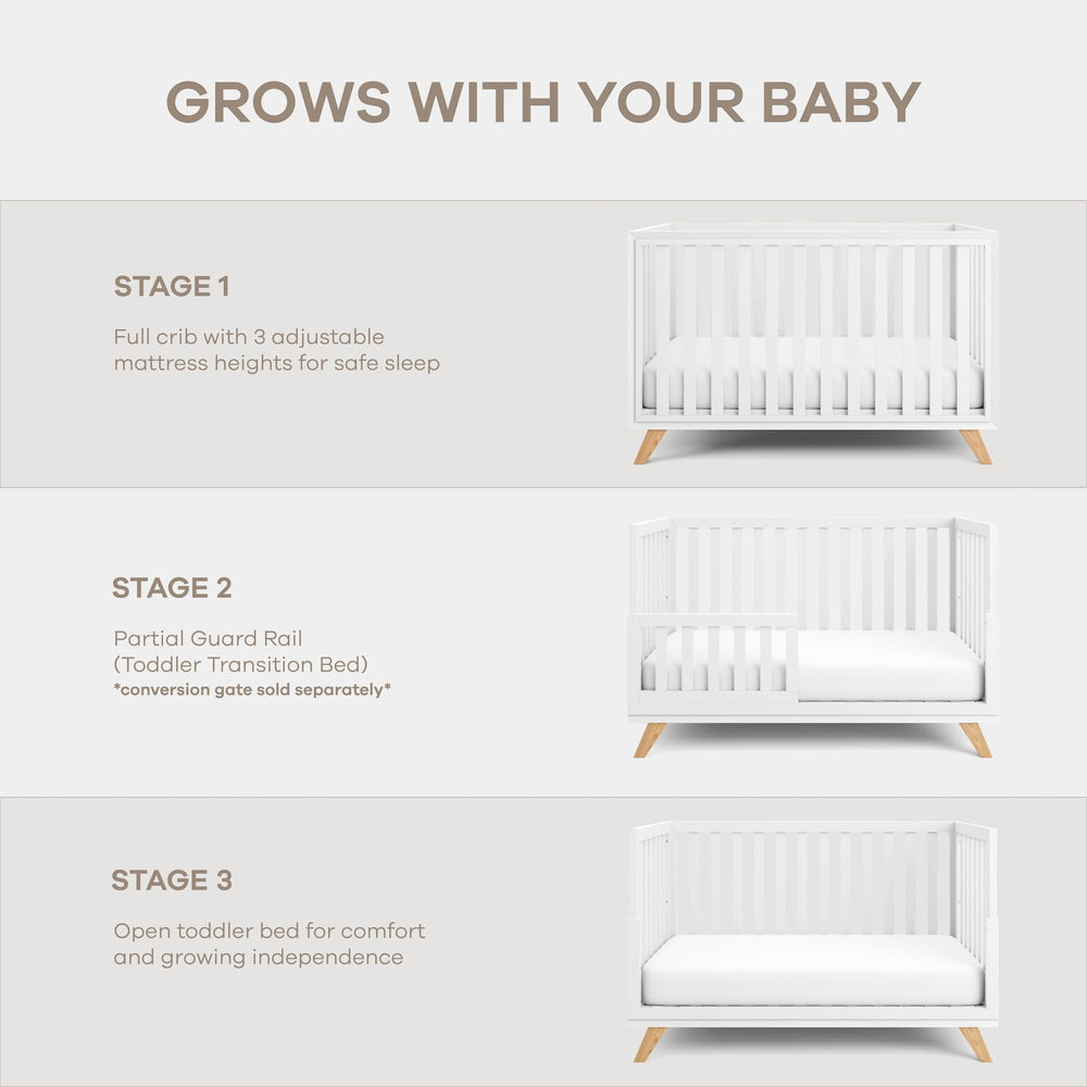 Comfy Cubs crib highlights generous dimensions for versatile layouts.