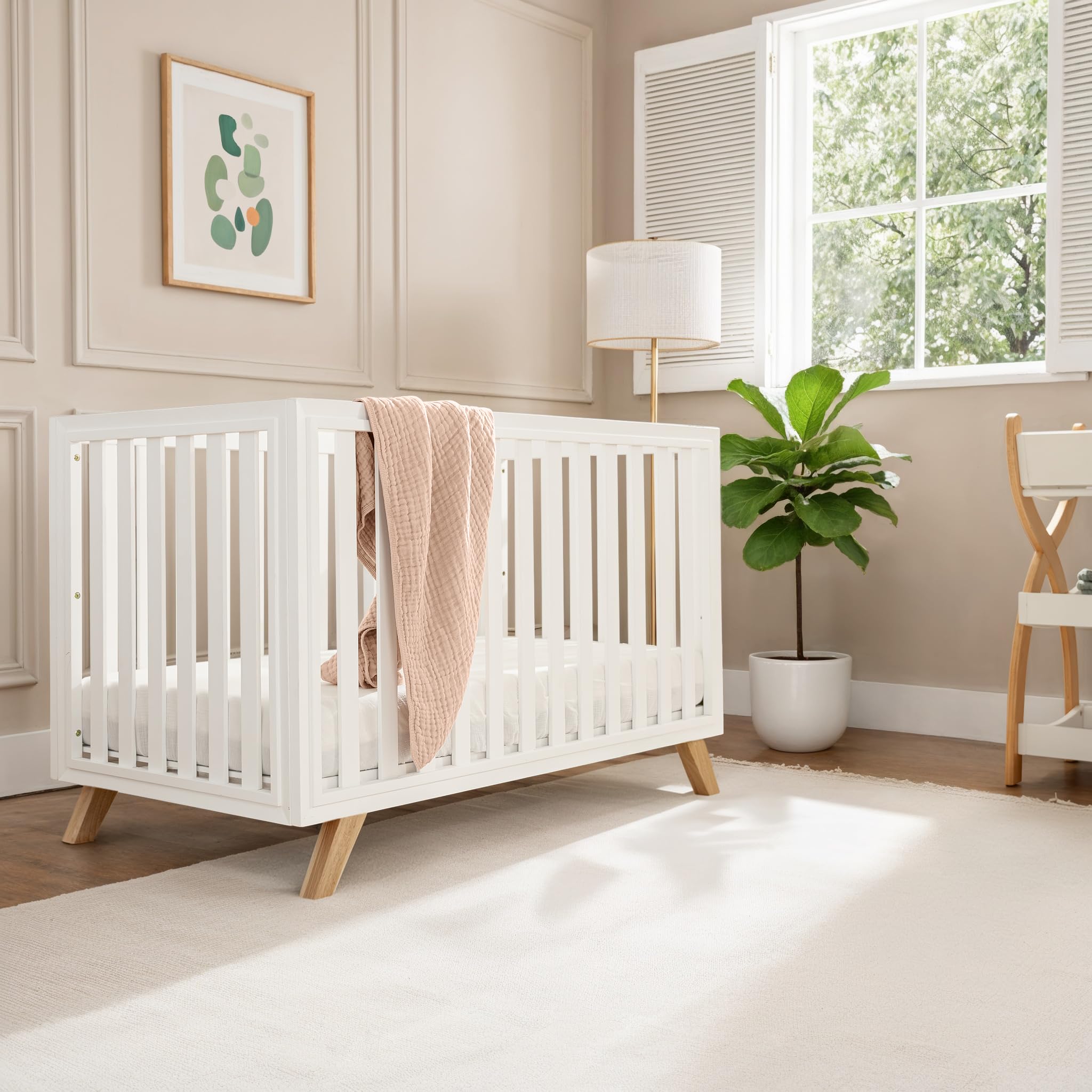 Comfy Cubs solid wood crib emphasizes durable, safe construction.