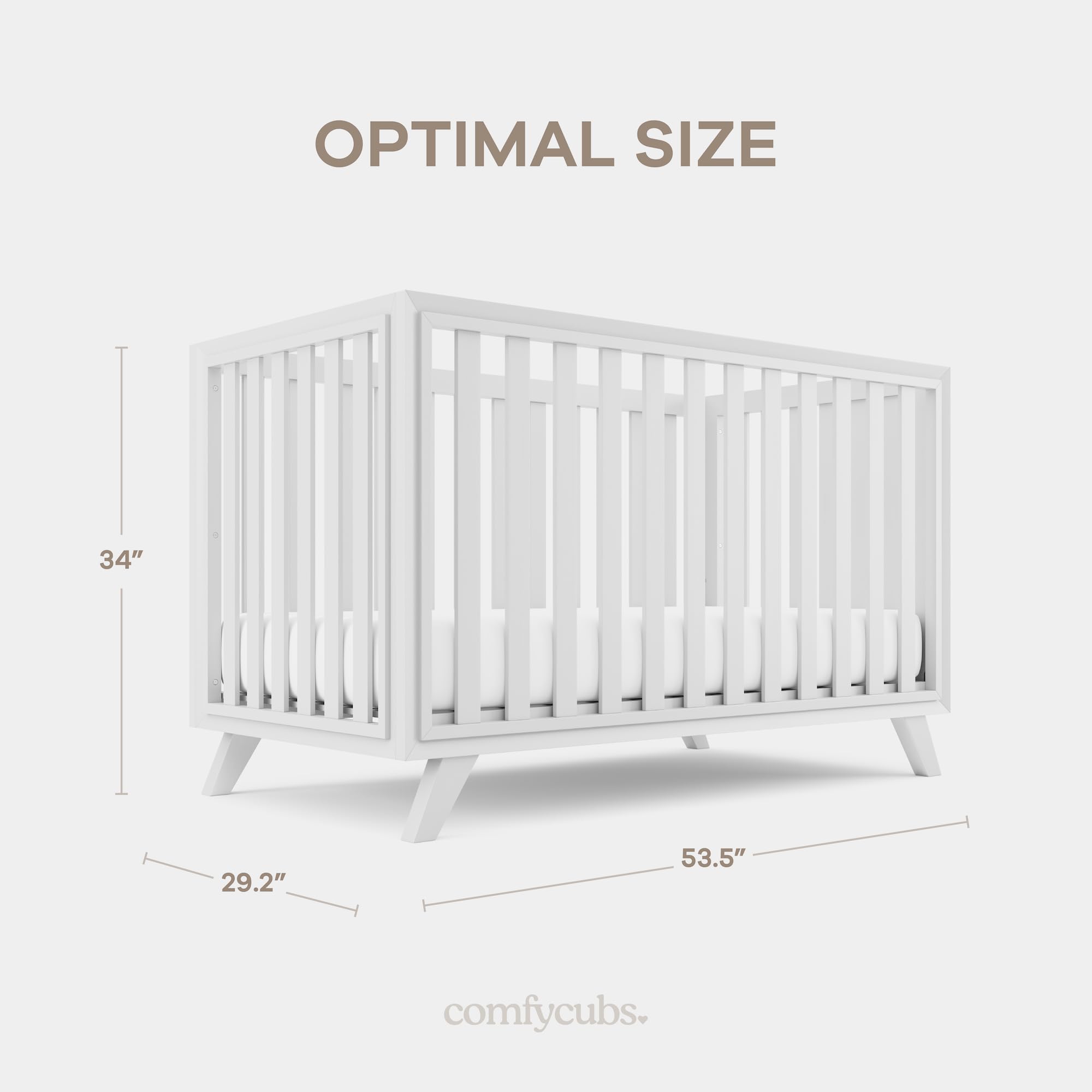 Two-tone white bars with natural wood legs on the Comfy Cubs crib