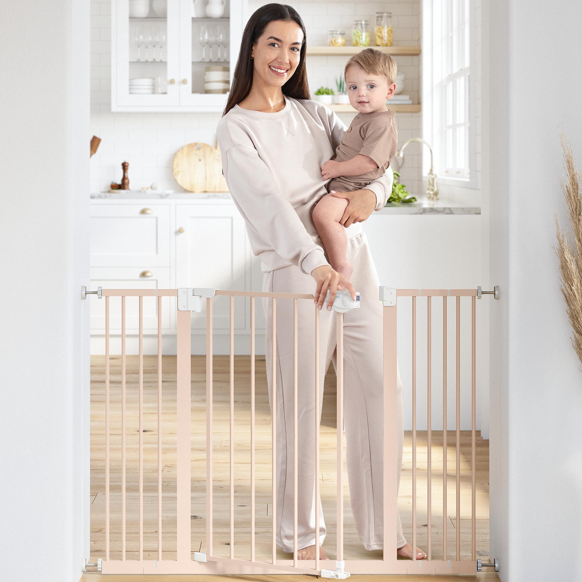 Comfy Cubs safety gate with extensions secures a doorway for flexible safety.