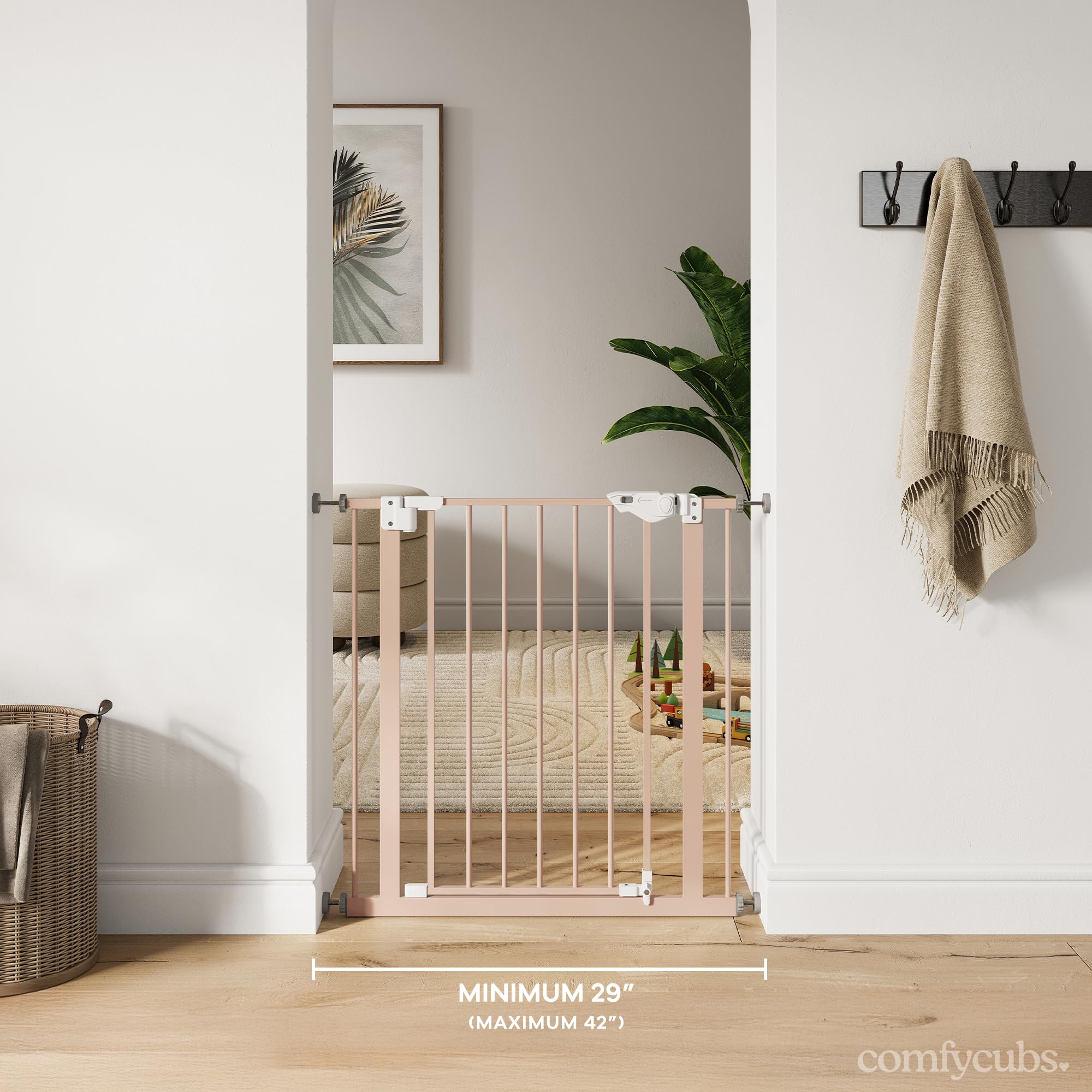 Comfy Cubs gate on stairs blocks access for curious kids and pets.
