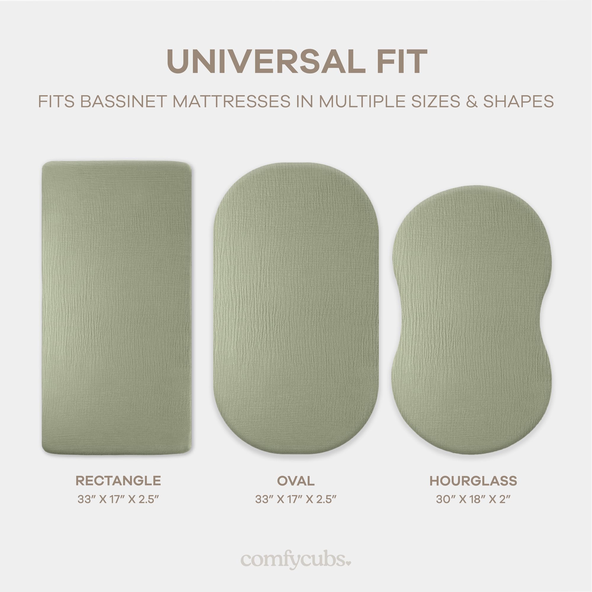 Universal-fit bassinet sheet by Comfy Cubs for various shapes.