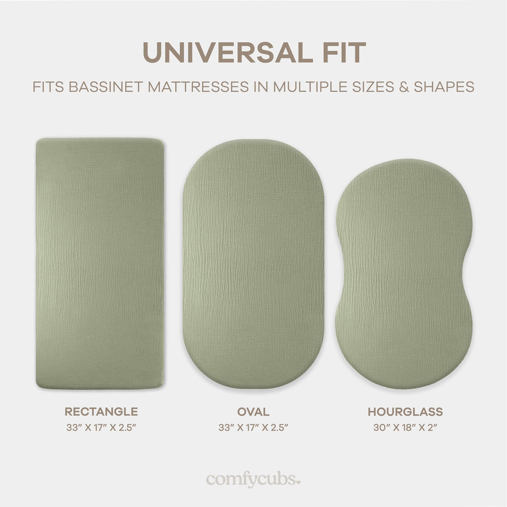 Universal-fit bassinet sheet by Comfy Cubs for various shapes.