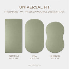 Universal-fit bassinet sheet by Comfy Cubs for various shapes.