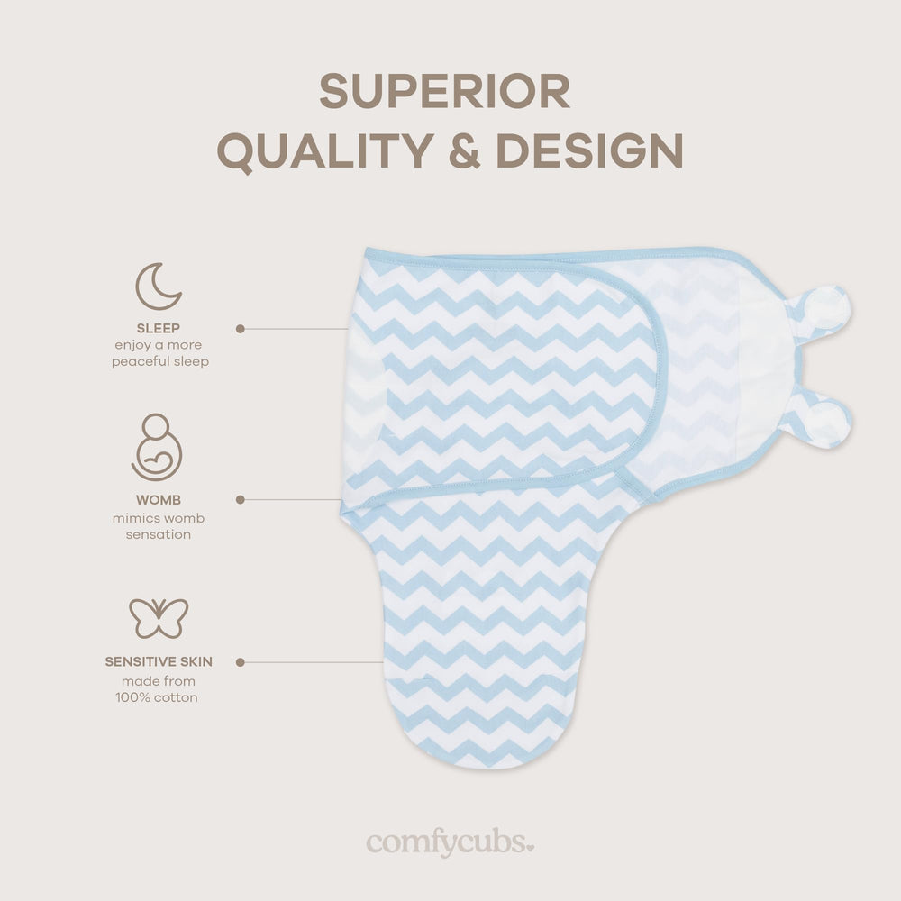 Comfy Cubs 100% breathable cotton swaddle blue keeps baby comfortable in any season.