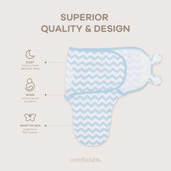 Comfy Cubs 100% breathable cotton swaddle blue keeps baby comfortable in any season.