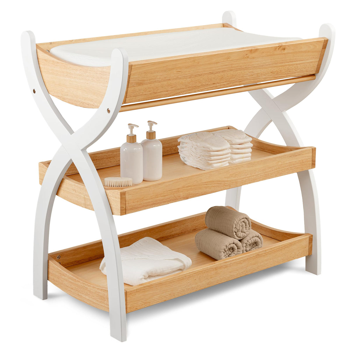 Comfy Cubs changing table in natural wood with two open shelves for organized diaper storage