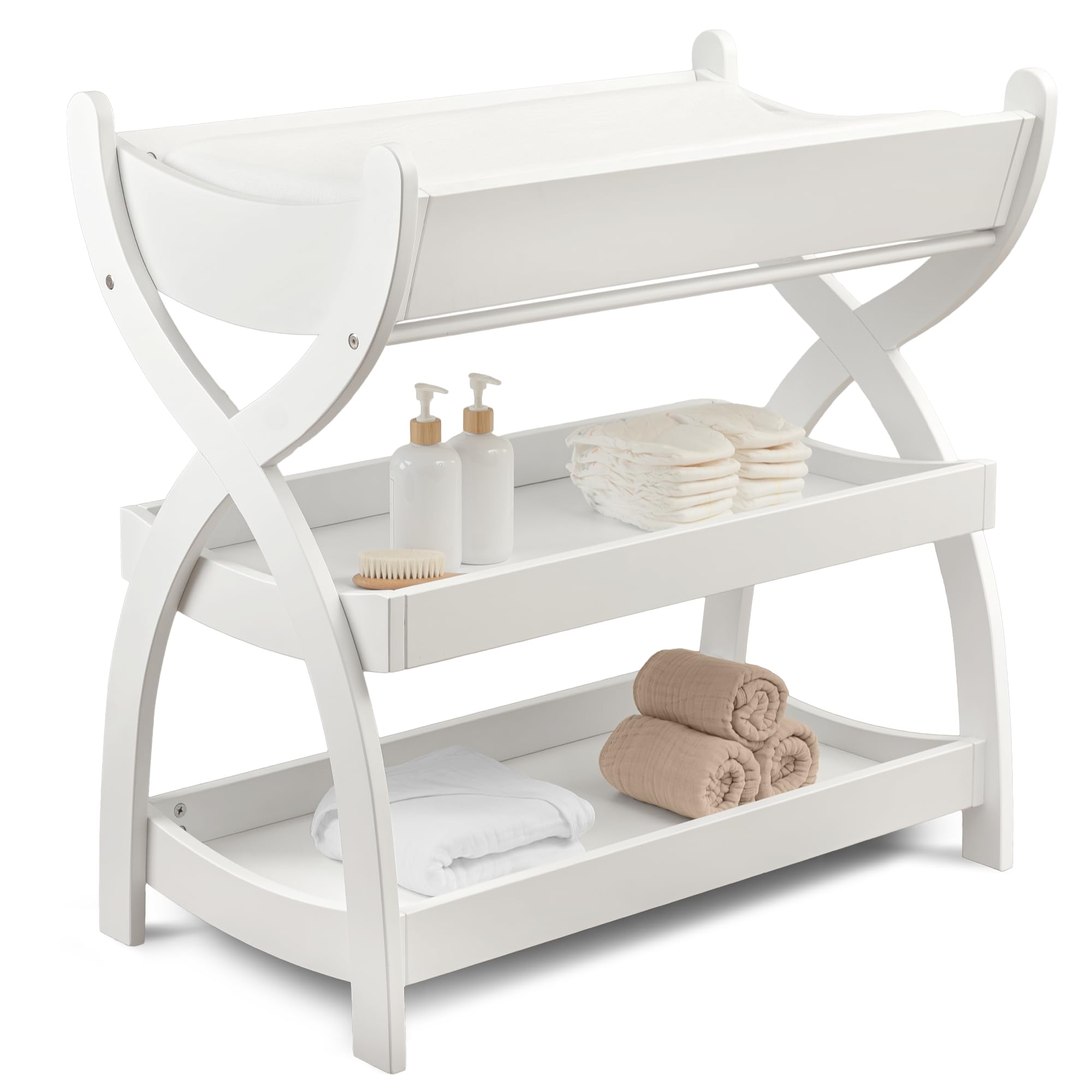 Comfy Cubs changing table with sturdy wood construction supports safe diaper changes