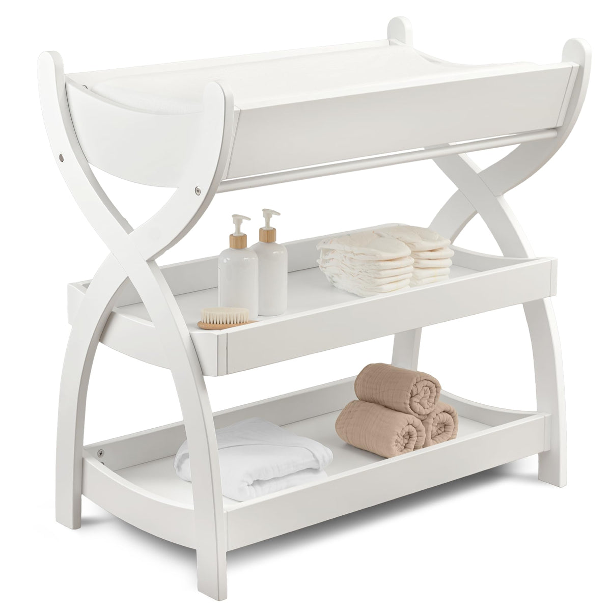 Comfy Cubs changing table with sturdy wood construction supports safe diaper changes