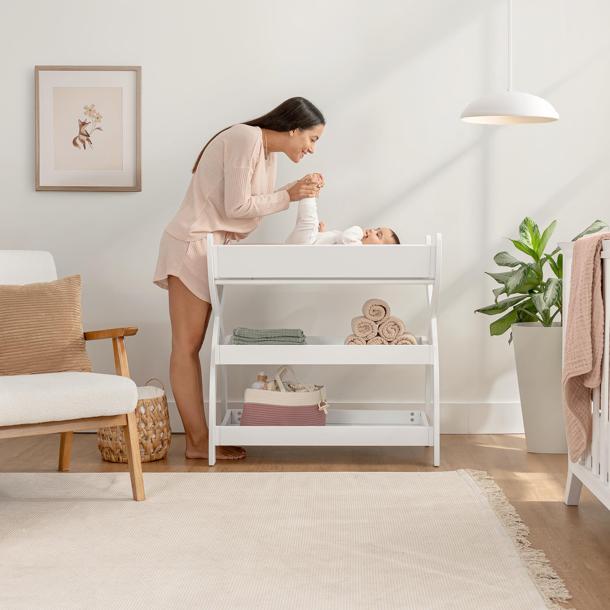Comfy Cubs changing table two shelves keeps nappies and wipes within reach