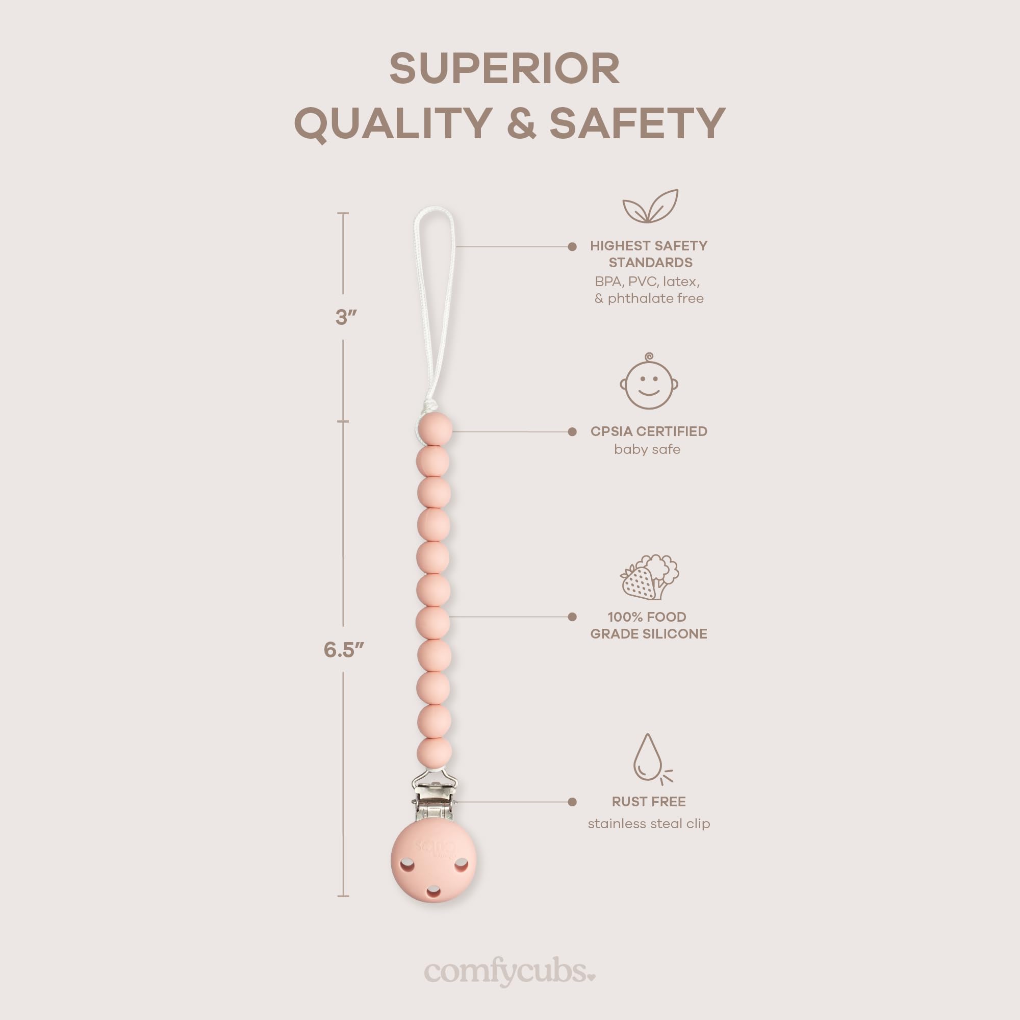 Comfy Cubs CPSIA-certified pacifier clip for safe, durable daily use.