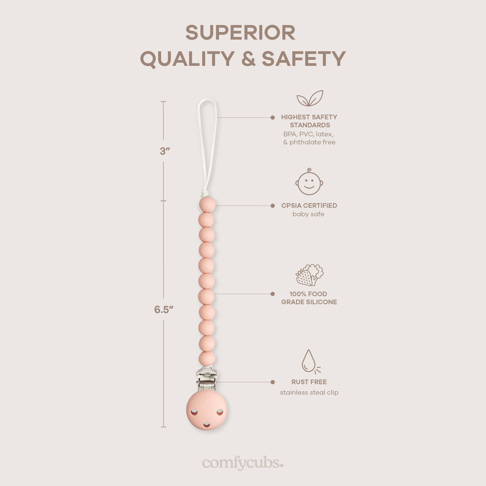 Comfy Cubs CPSIA-certified pacifier clip for safe, durable daily use.