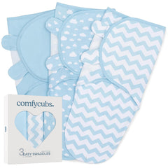 Comfy Cubs Easy Swaddle Blanket blue 3-pack provides secure, cozy sleep for newborns at home.