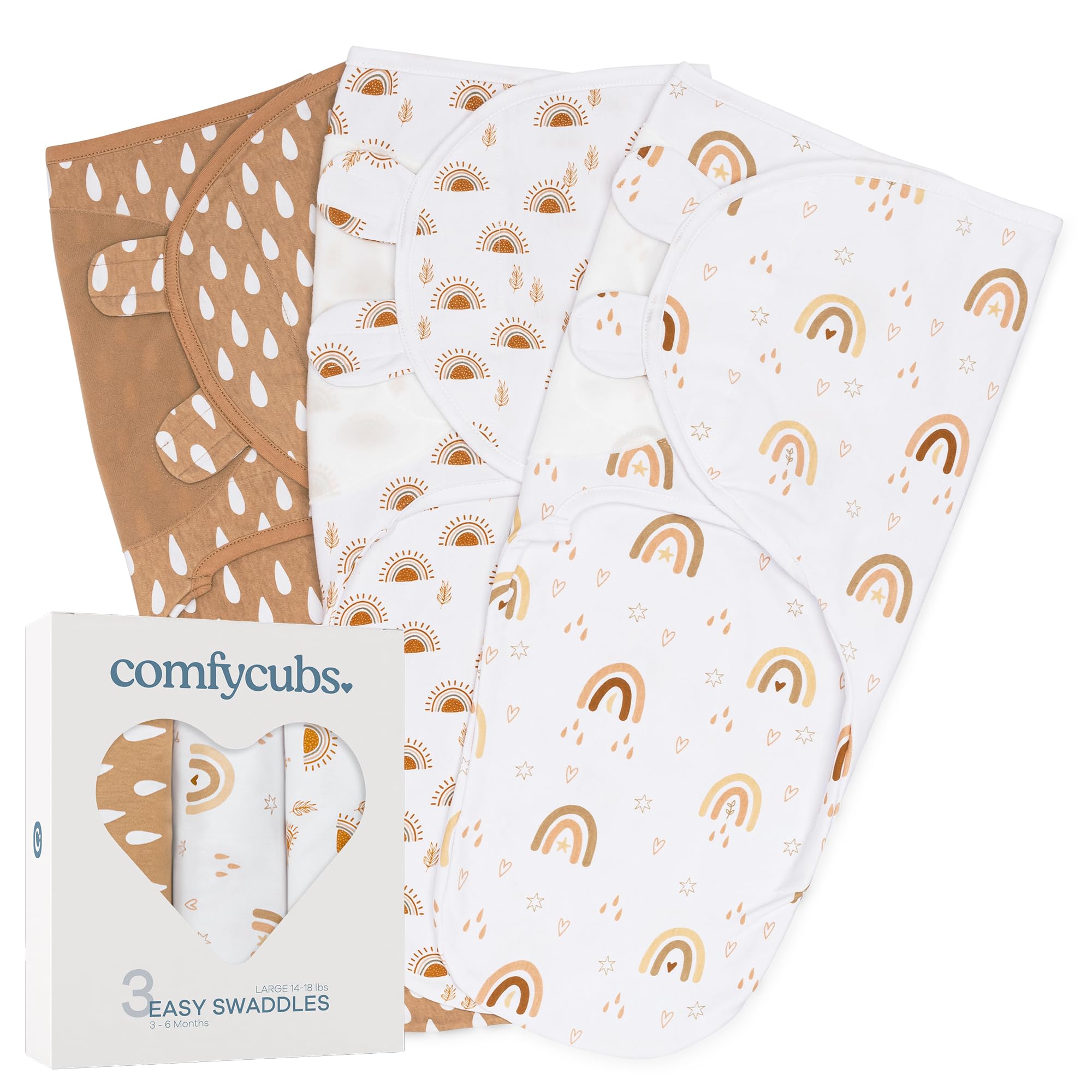 Comfy Cubs Easy Swaddle Blanket 3 Pack front view with rainbow bohemian design for newborn comfort.