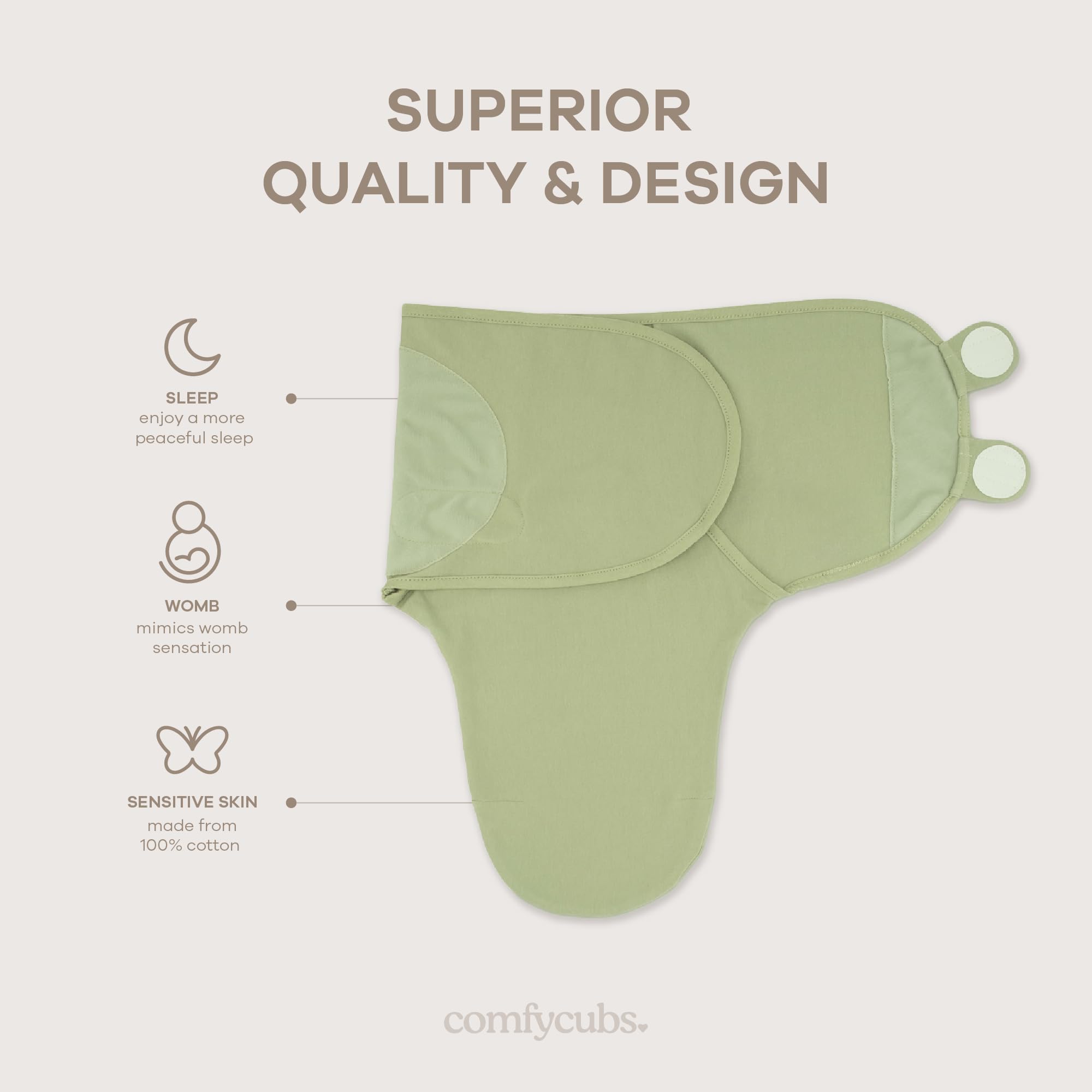 Comfy Cubs Easy Swaddle Blanket Sage with adjustable Velcro for secure swaddling.