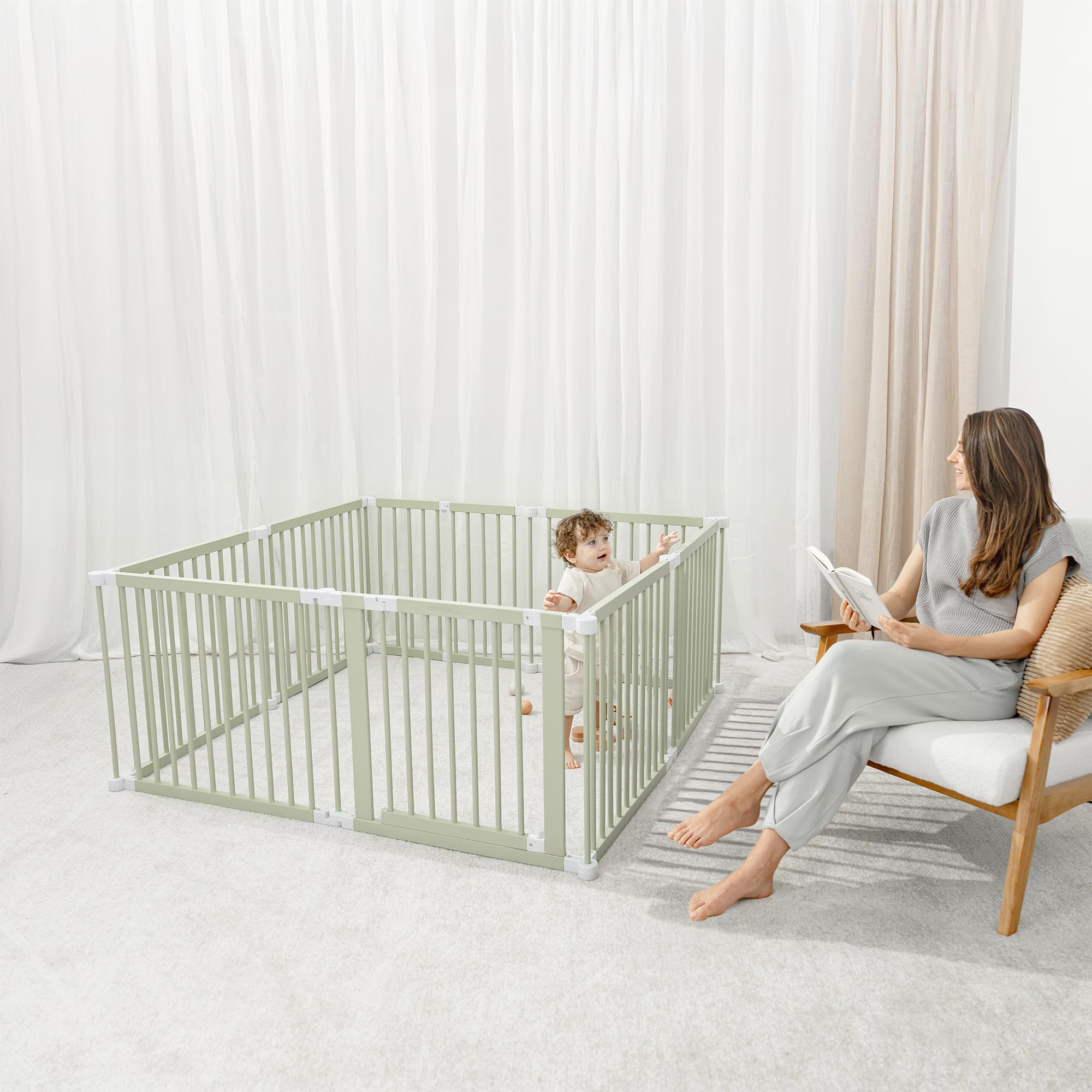 Comfy Cubs extendable playpen reaches 228 inches for flexible boundaries.