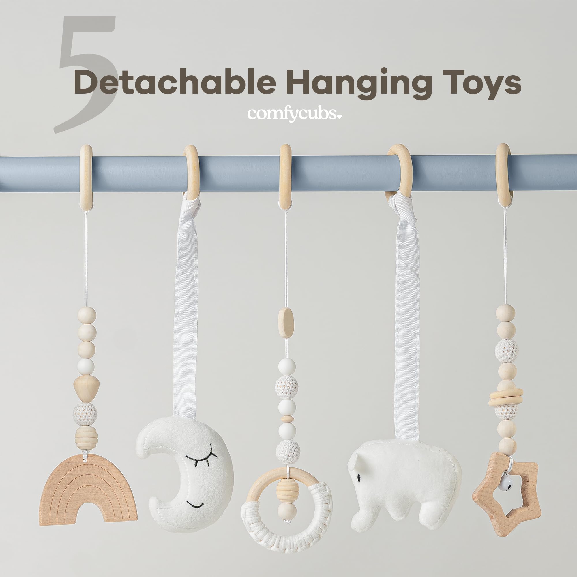 Comfy Cubs five-sensory hanging toys highlight visual and tactile stimulation for babies.