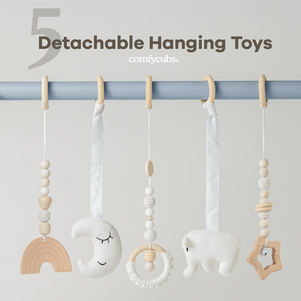 Comfy Cubs five-sensory hanging toys highlight visual and tactile stimulation for babies.