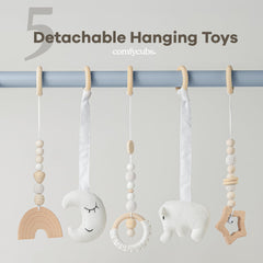 Comfy Cubs five-sensory hanging toys highlight visual and tactile stimulation for babies.