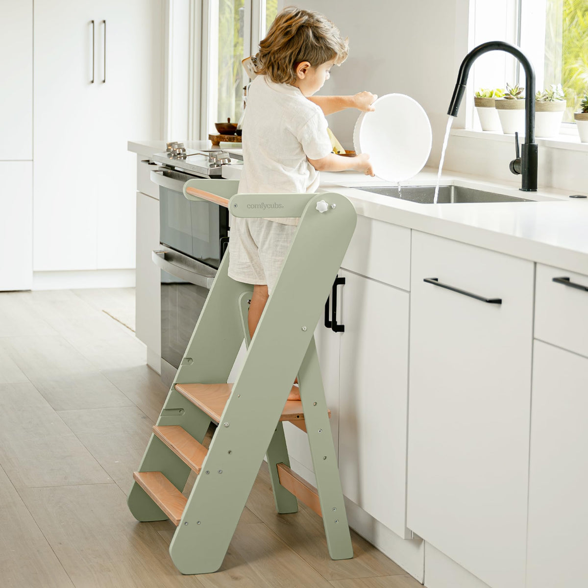 Comfy Cubs step stool level 1 in sage helps kids reach the sink safely