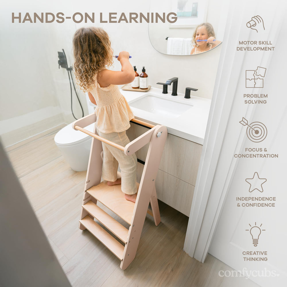 Comfy Cubs kitchen-sink access stool helps kids participate in routines.