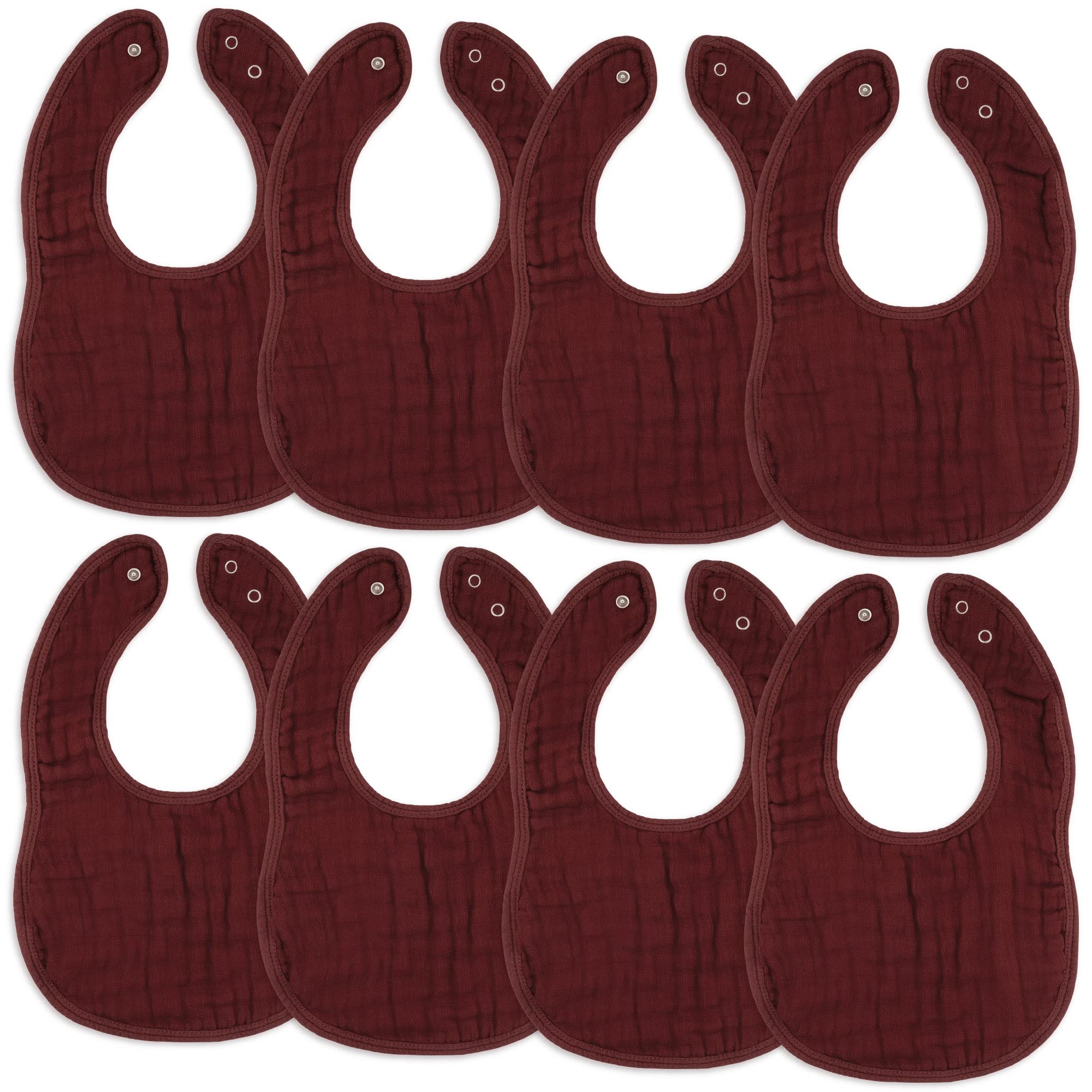 Comfy Cubs muslin bibs wine pack eight on display, unisex and colorful for everyday use