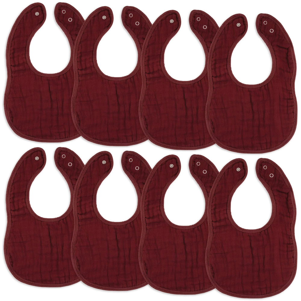 Comfy Cubs muslin bibs wine pack eight on display, unisex and colorful for everyday use